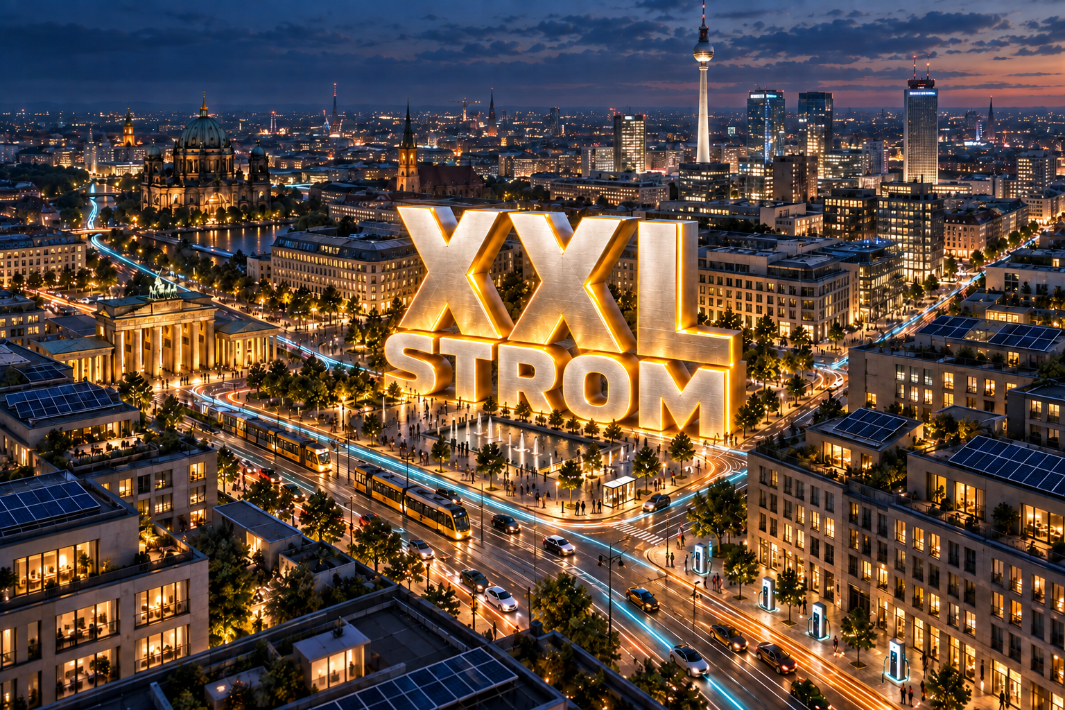 KI-Vision einer beleuchteten Großstadt mit monumentalem Schriftzug XXL STROM.